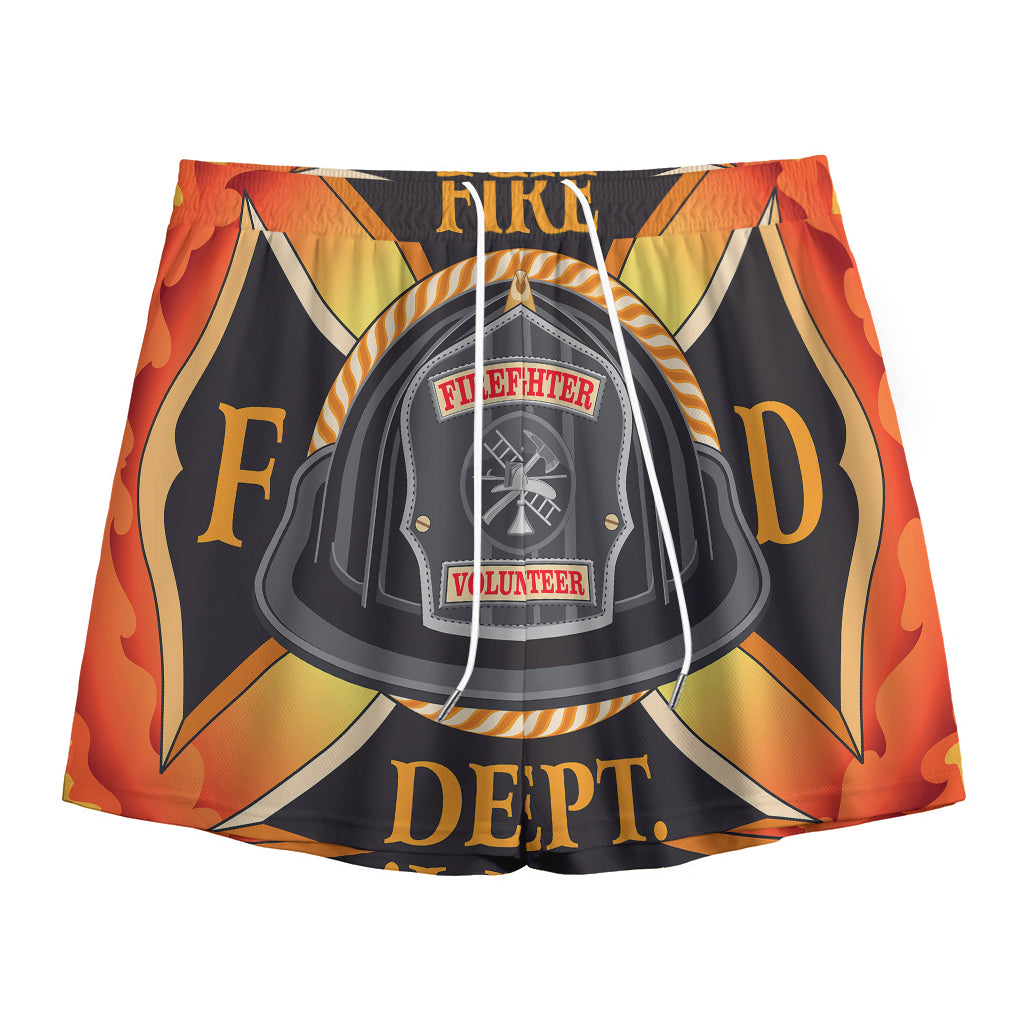 Flaming Firefighter Emblem Print Mesh Shorts