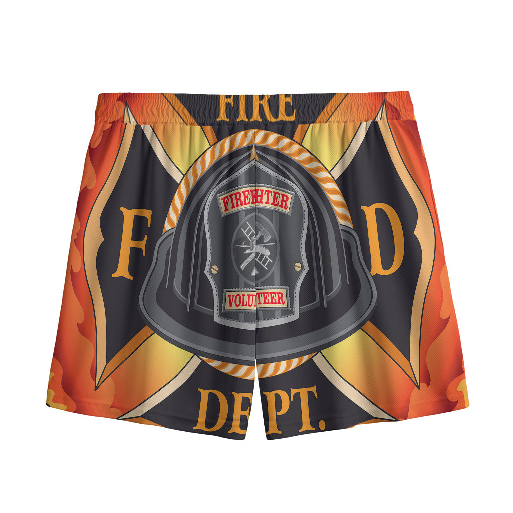 Flaming Firefighter Emblem Print Mesh Shorts