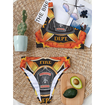 Flaming Firefighter Emblem Print One Shoulder Bikini Top