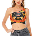 Flaming Firefighter Emblem Print One Shoulder Crop Top