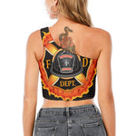 Flaming Firefighter Emblem Print One Shoulder Crop Top