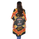 Flaming Firefighter Emblem Print Open Front Beach Cover Up