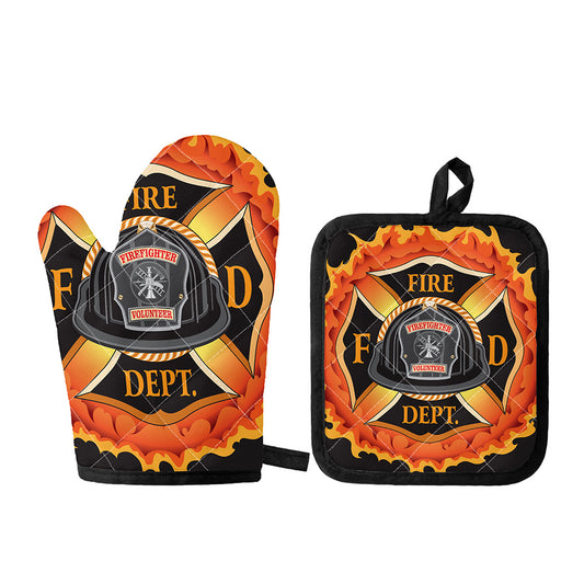 Flaming Firefighter Emblem Print Oven Mitt And Pot Holder Set