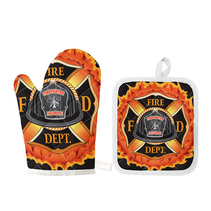 Flaming Firefighter Emblem Print Oven Mitt And Pot Holder Set