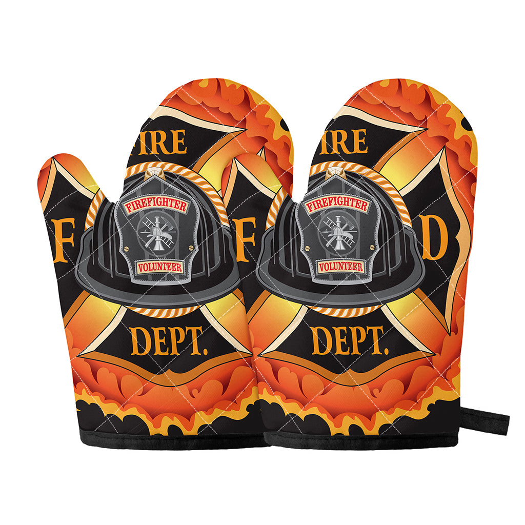 Flaming Firefighter Emblem Print Oven Mitts