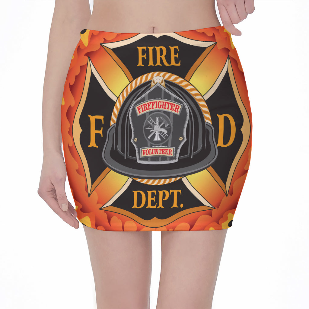 Flaming Firefighter Emblem Print Pencil Mini Skirt