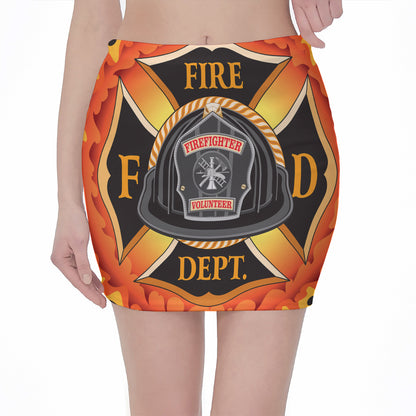 Flaming Firefighter Emblem Print Pencil Mini Skirt