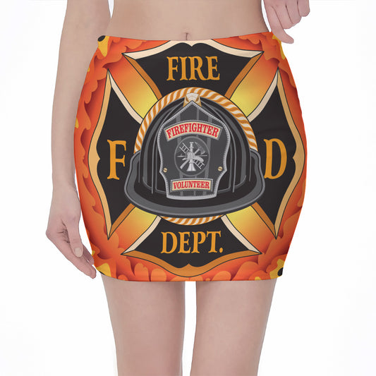 Flaming Firefighter Emblem Print Pencil Mini Skirt