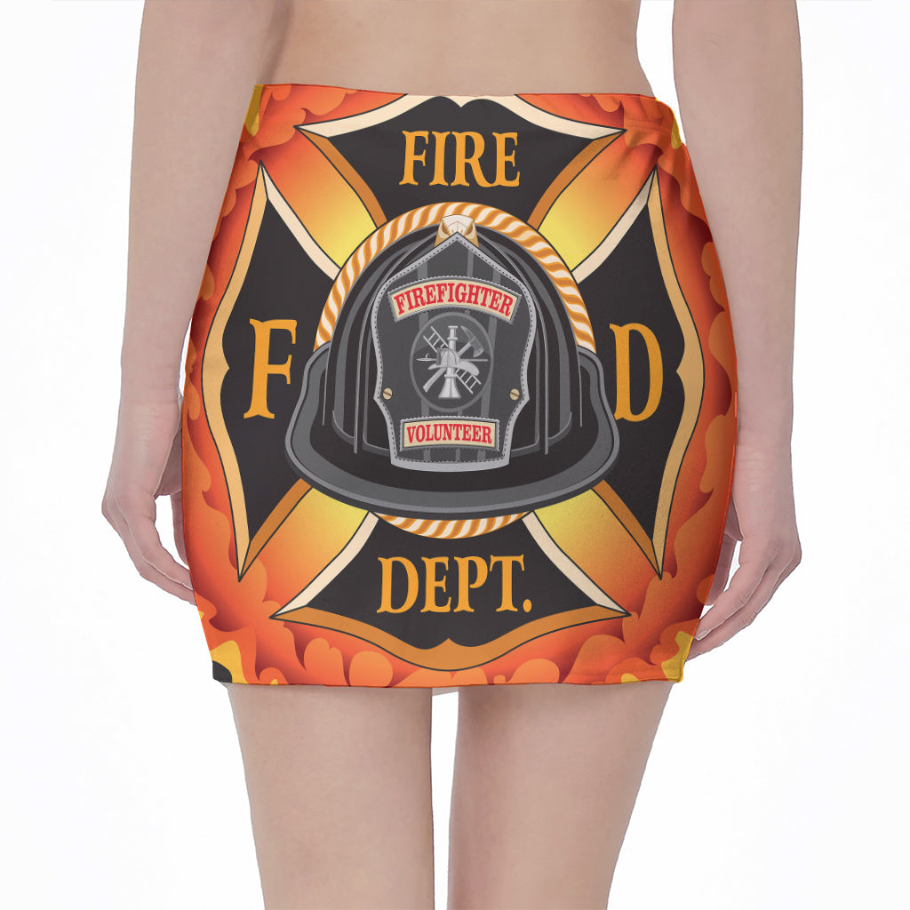 Flaming Firefighter Emblem Print Pencil Mini Skirt