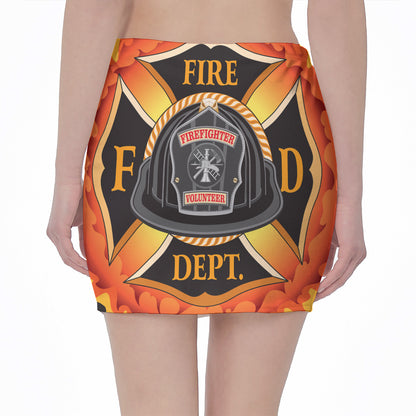 Flaming Firefighter Emblem Print Pencil Mini Skirt