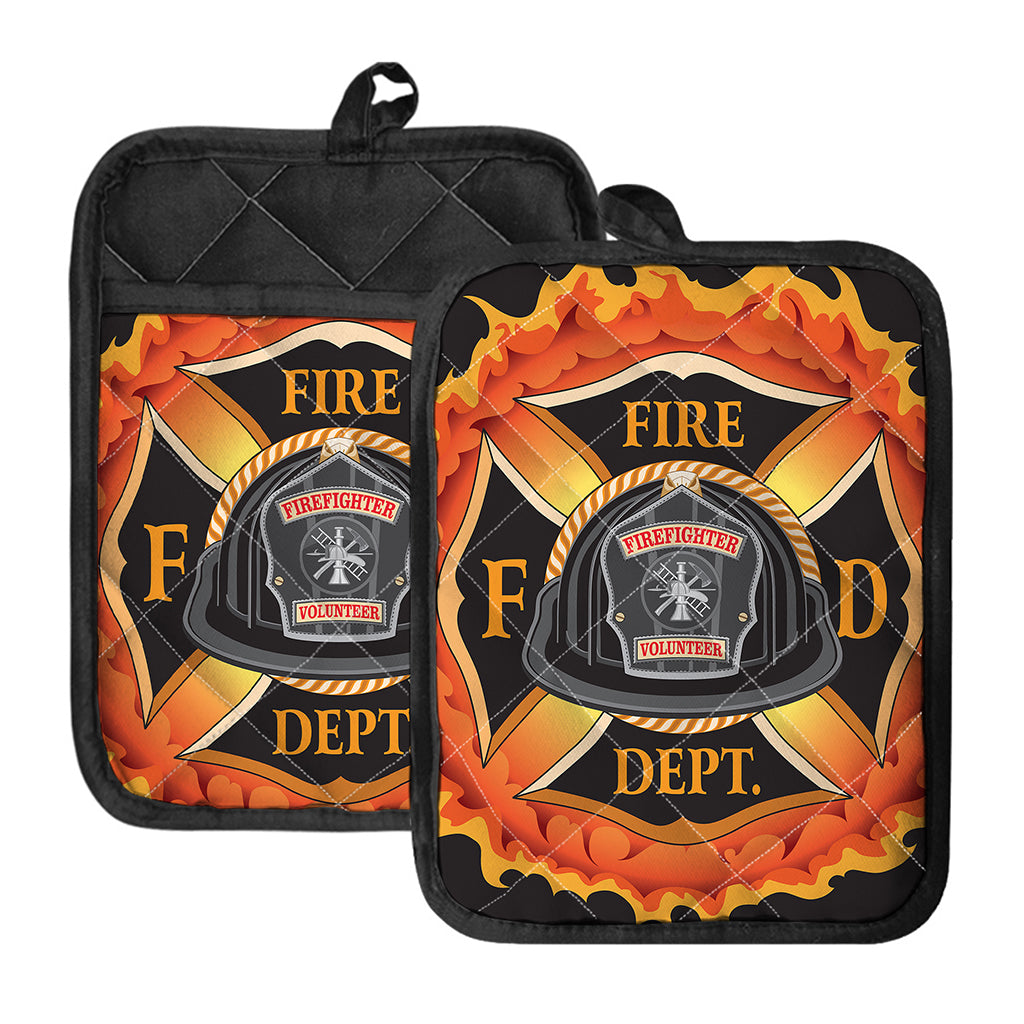 Flaming Firefighter Emblem Print Pot Holders With Pocket
