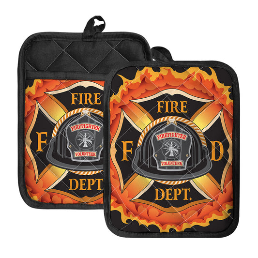 Flaming Firefighter Emblem Print Pot Holders With Pocket