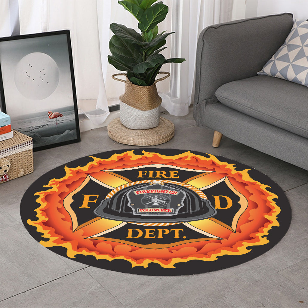 Flaming Firefighter Emblem Print Round Rug