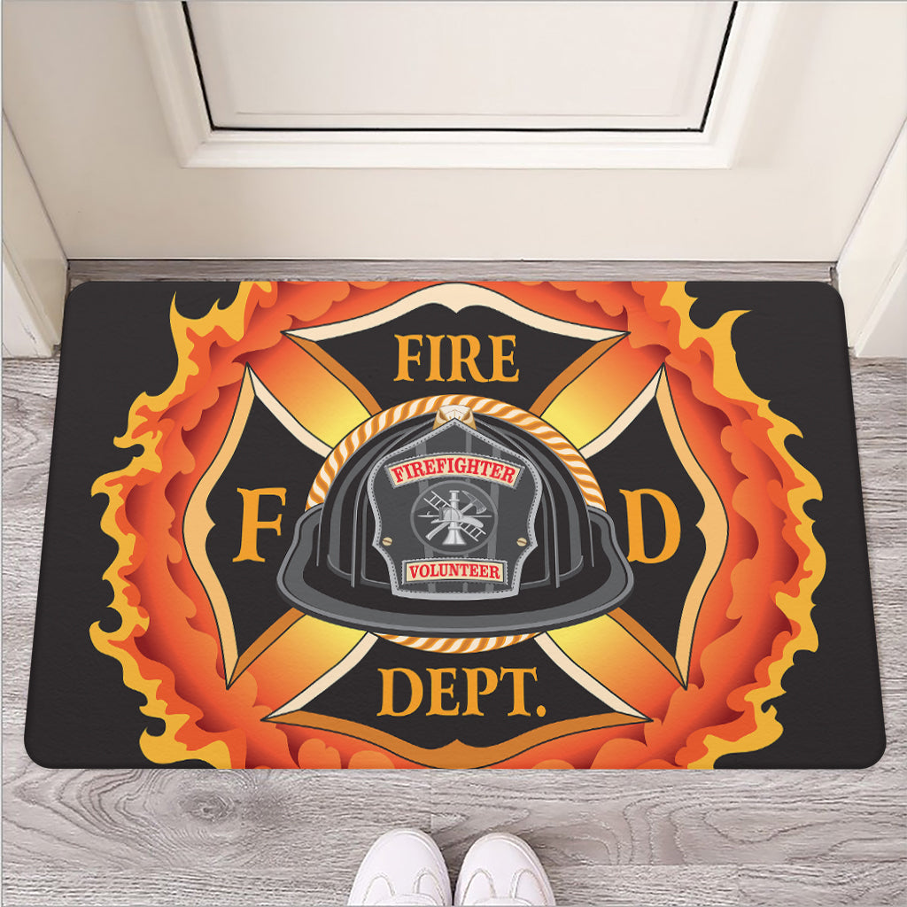 Flaming Firefighter Emblem Print Rubber Doormat