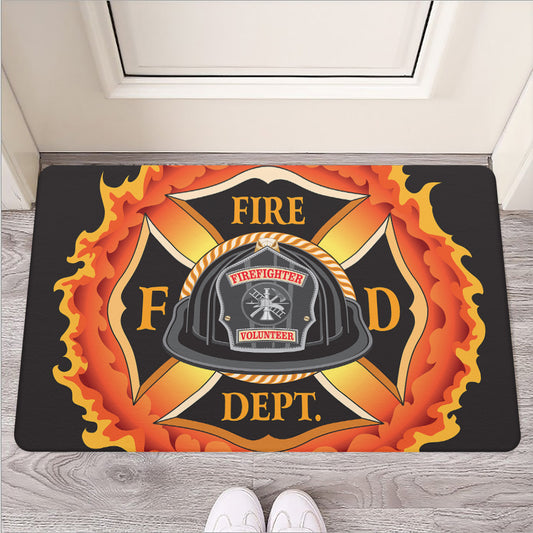 Flaming Firefighter Emblem Print Rubber Doormat