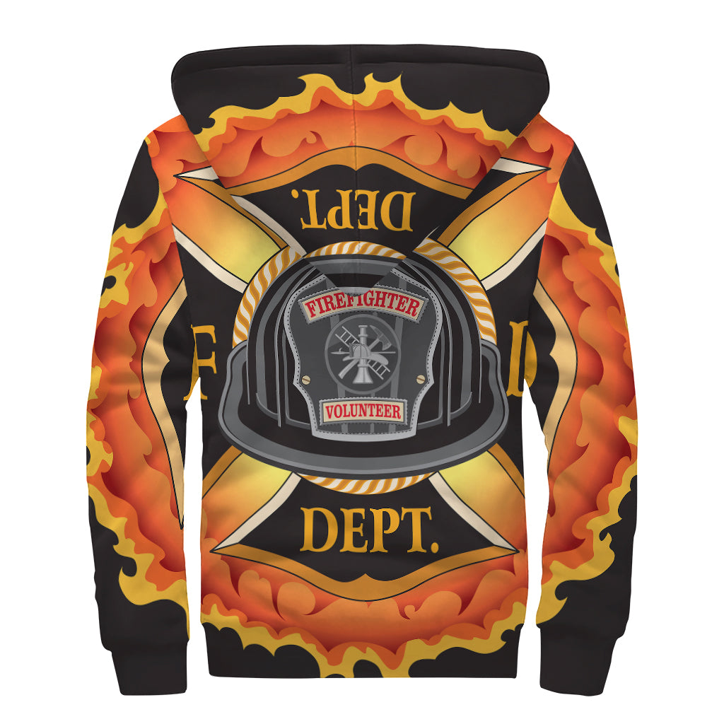 Flaming Firefighter Emblem Print Sherpa Lined Zip Up Hoodie