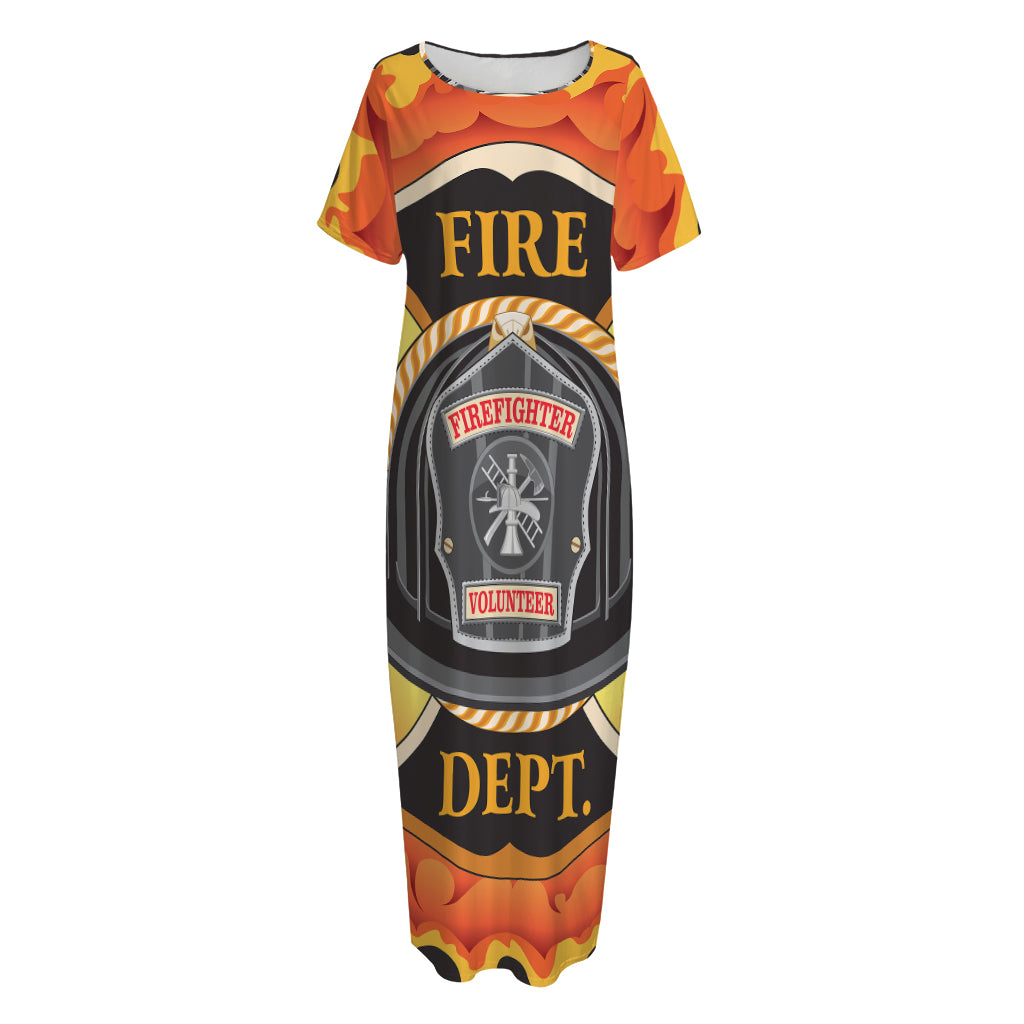 Flaming Firefighter Emblem Print Short Sleeve Long Nightdress