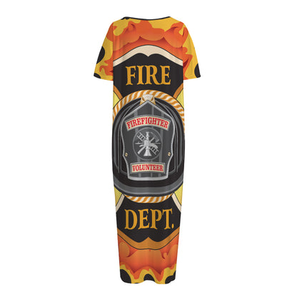 Flaming Firefighter Emblem Print Short Sleeve Long Nightdress