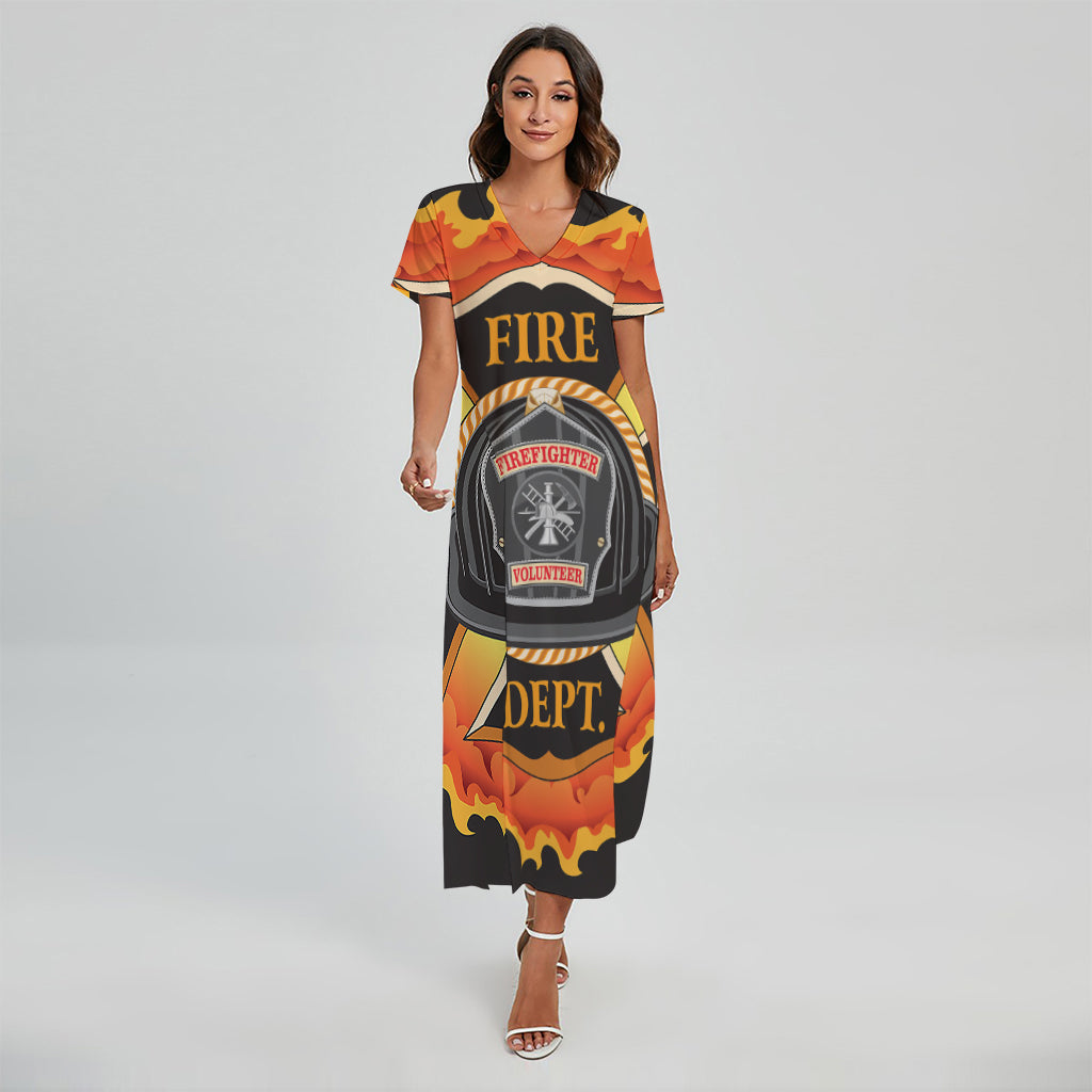 Flaming Firefighter Emblem Print Short Sleeve Maxi Dress