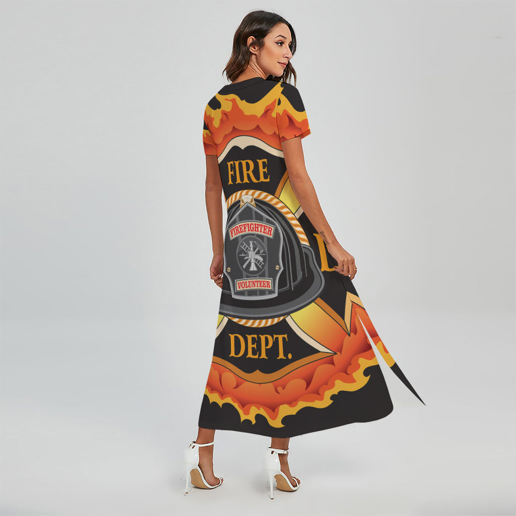 Flaming Firefighter Emblem Print Short Sleeve Maxi Dress