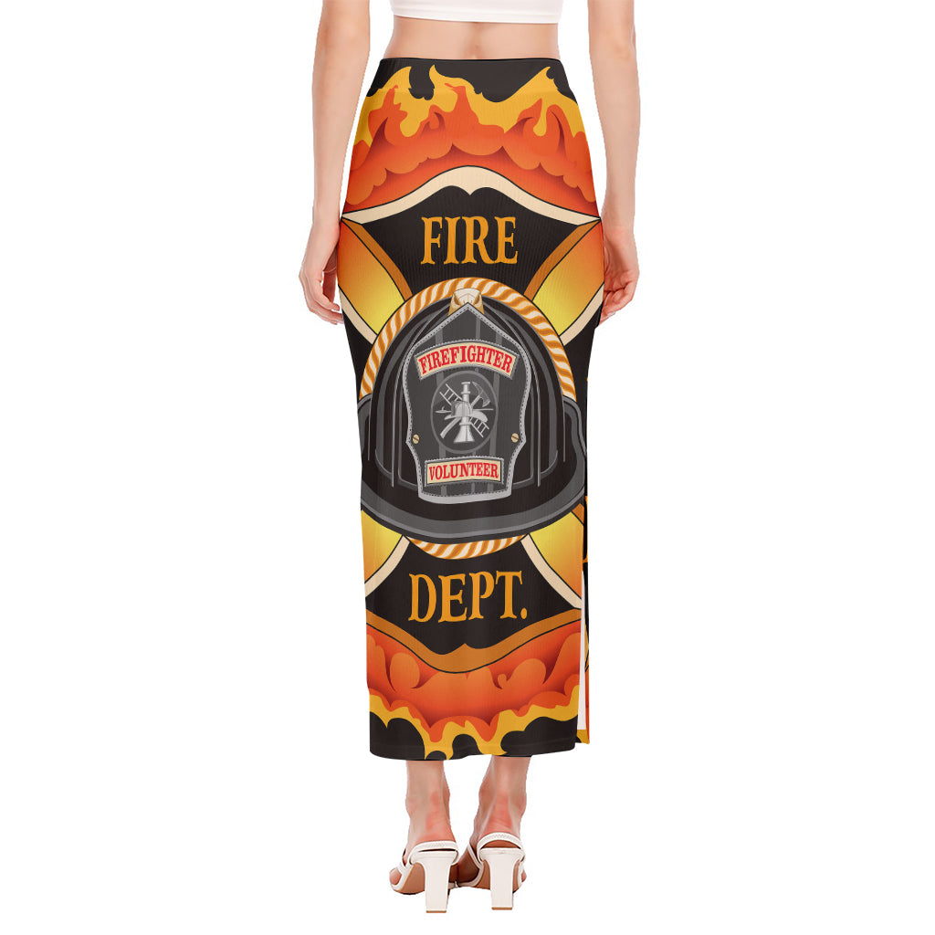 Flaming Firefighter Emblem Print Side Slit Maxi Skirt