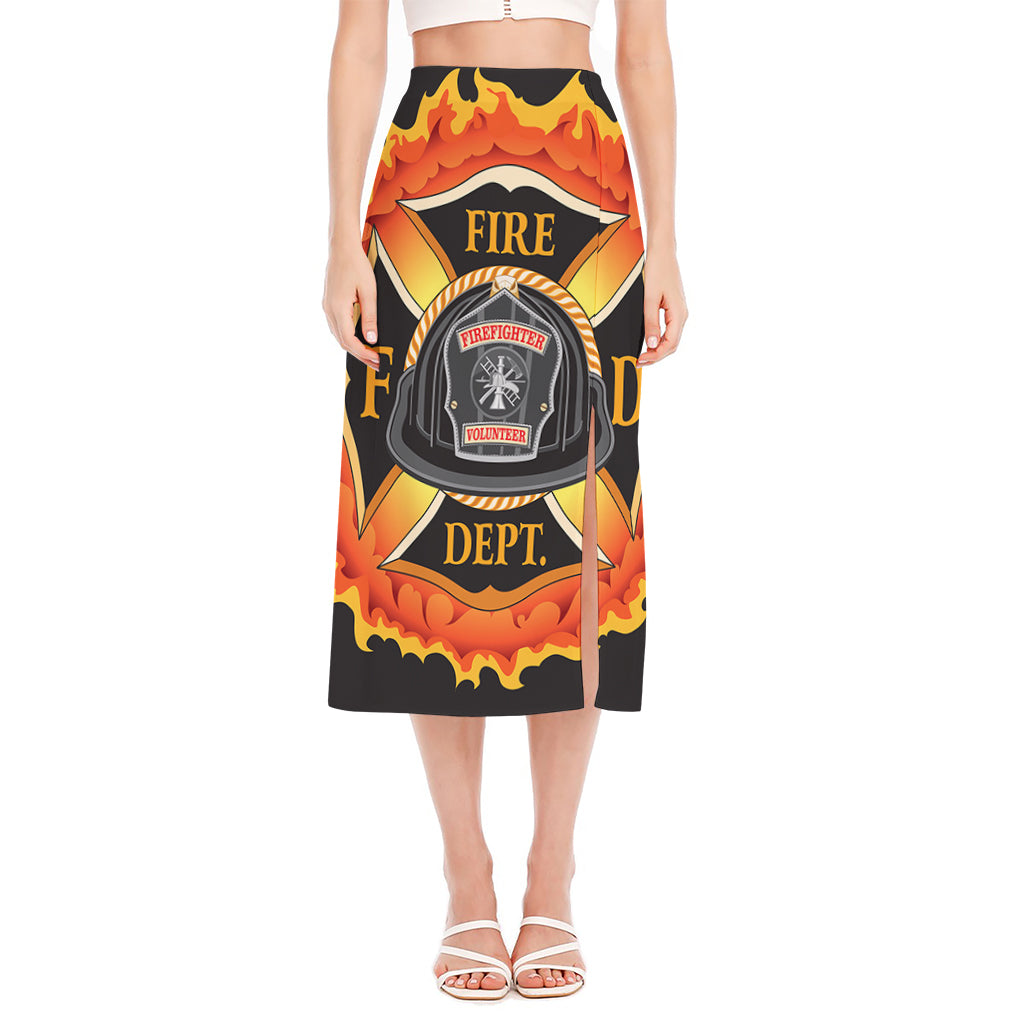 Flaming Firefighter Emblem Print Side Slit Midi Skirt