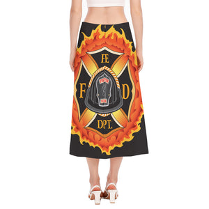 Flaming Firefighter Emblem Print Side Slit Midi Skirt