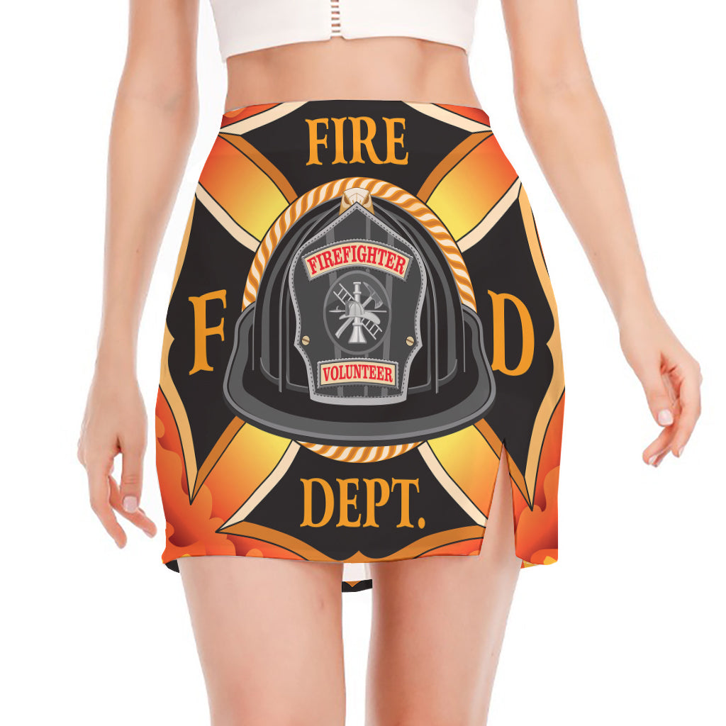 Flaming Firefighter Emblem Print Side Slit Mini Skirt