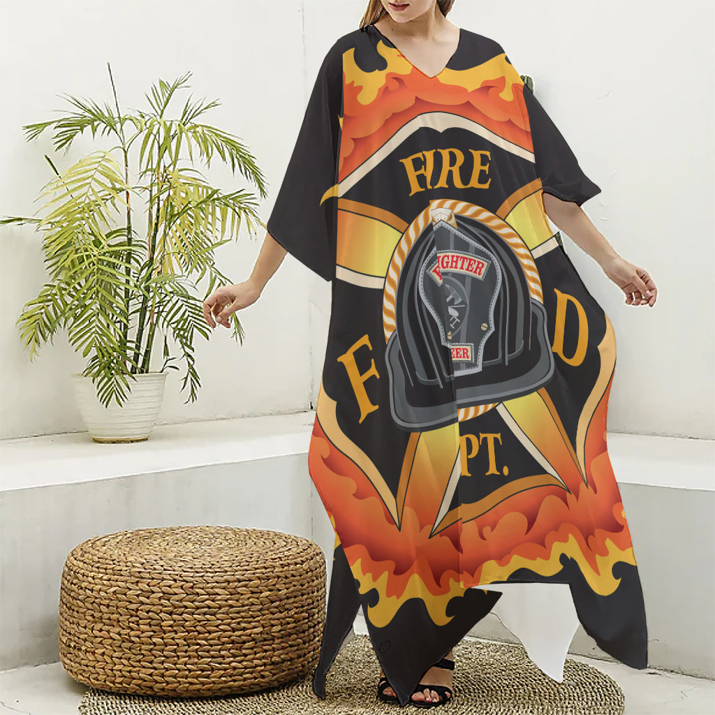 Flaming Firefighter Emblem Print Silk V-Neck Kaftan Dress