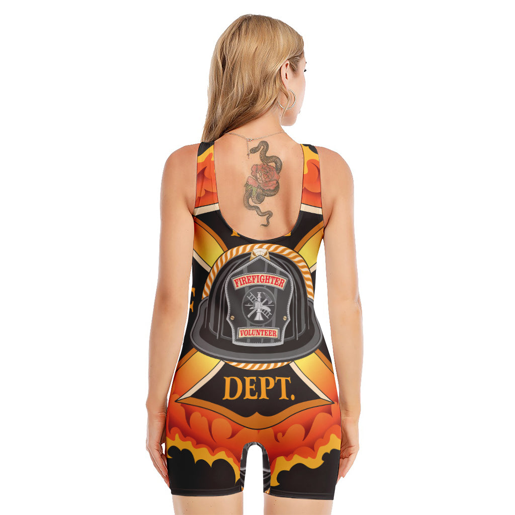 Flaming Firefighter Emblem Print Sleeveless One Piece Swimsuit