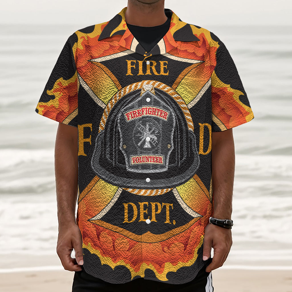 Flaming Firefighter Emblem Print Textured Short Sleeve Shirt