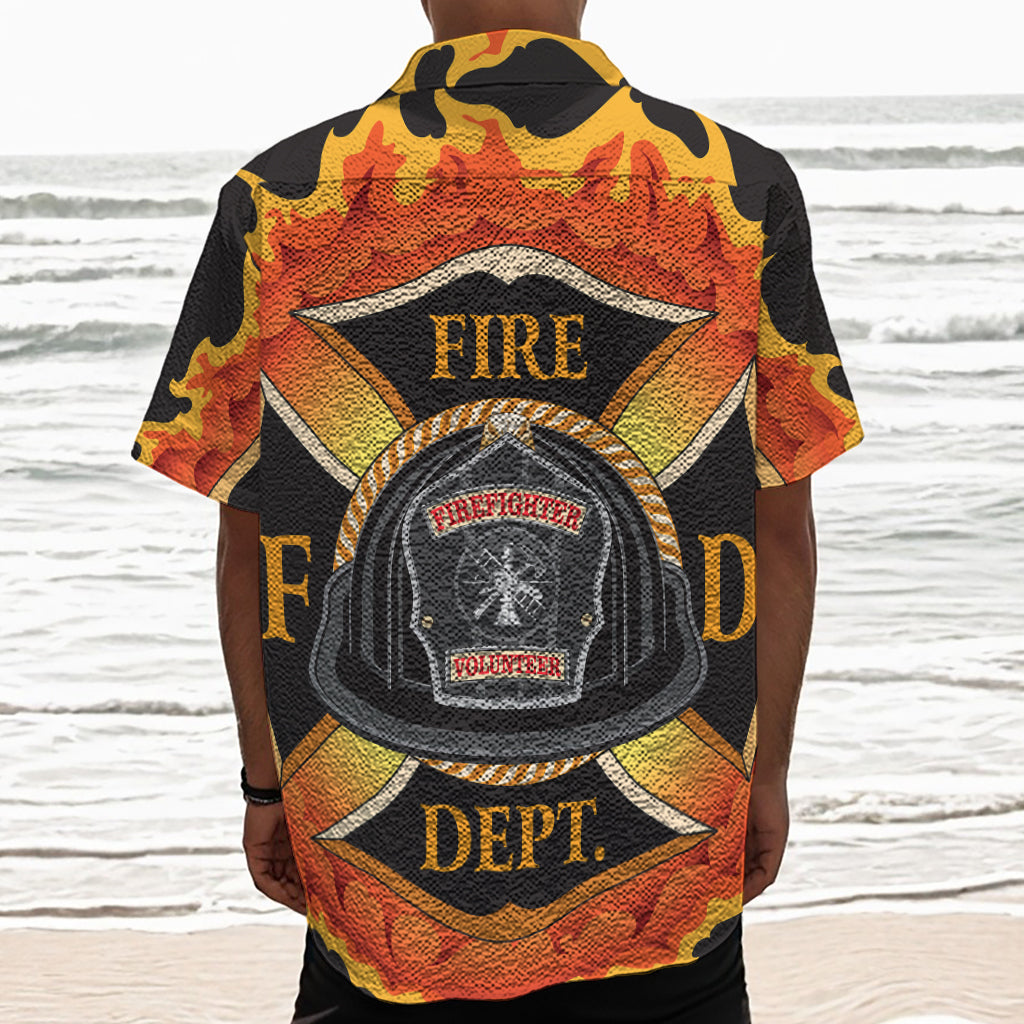 Flaming Firefighter Emblem Print Textured Short Sleeve Shirt