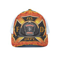Flaming Firefighter Emblem Print White Mesh Trucker Hat