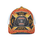 Flaming Firefighter Emblem Print White Mesh Trucker Cap