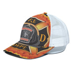 Flaming Firefighter Emblem Print White Mesh Trucker Cap