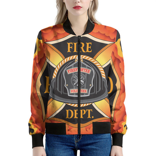 Flaming Firefighter Emblem Print Women's Bomber Jacket