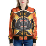 Flaming Firefighter Emblem Print Women's Bomber Jacket
