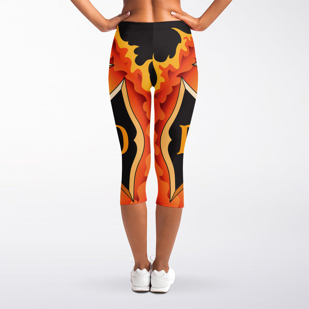 Flaming Firefighter Emblem Print Women's Capri Leggings
