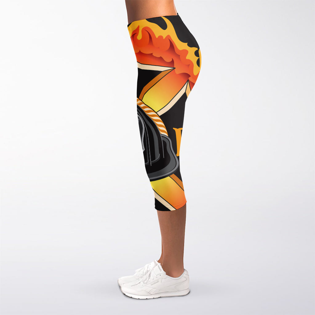 Flaming Firefighter Emblem Print Women's Capri Leggings