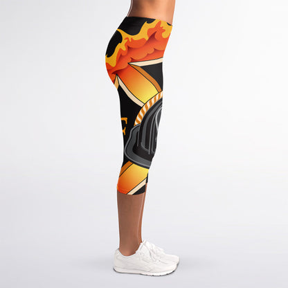 Flaming Firefighter Emblem Print Women's Capri Leggings