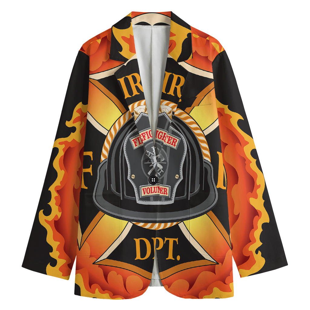 Flaming Firefighter Emblem Print Women's Cotton Blazer