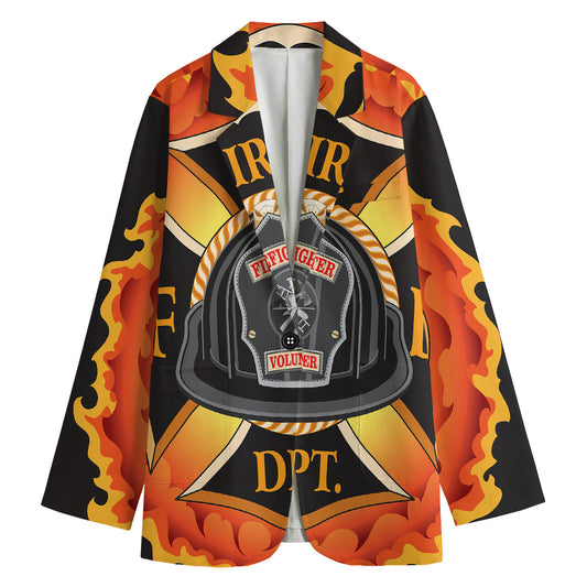 Flaming Firefighter Emblem Print Women's Cotton Blazer
