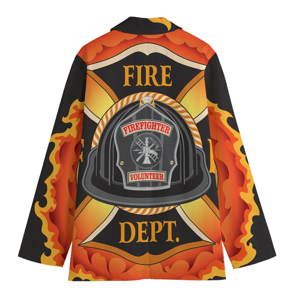Flaming Firefighter Emblem Print Women's Cotton Blazer