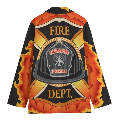 Flaming Firefighter Emblem Print Women's Cotton Blazer