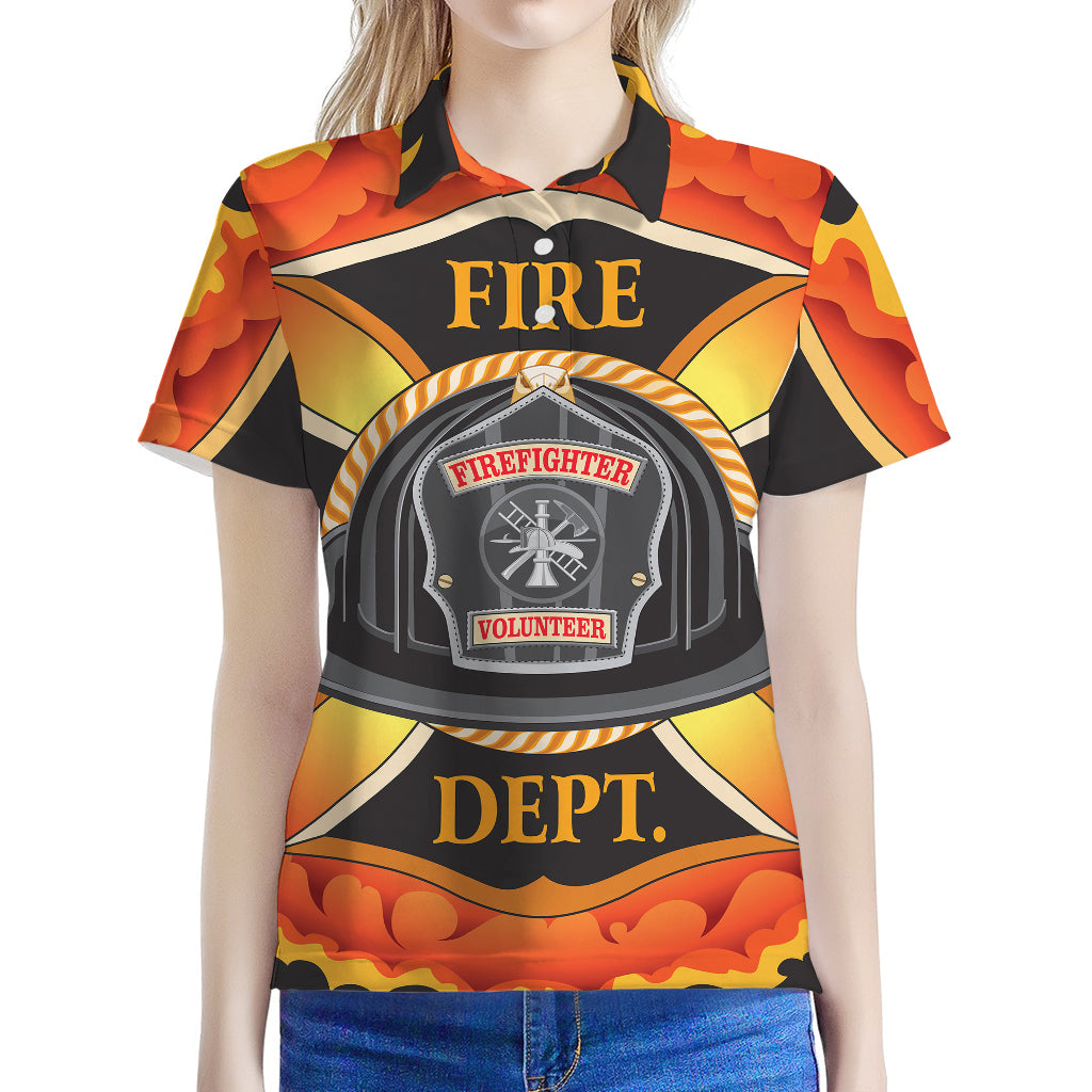 Flaming Firefighter Emblem Print Women's Polo Shirt
