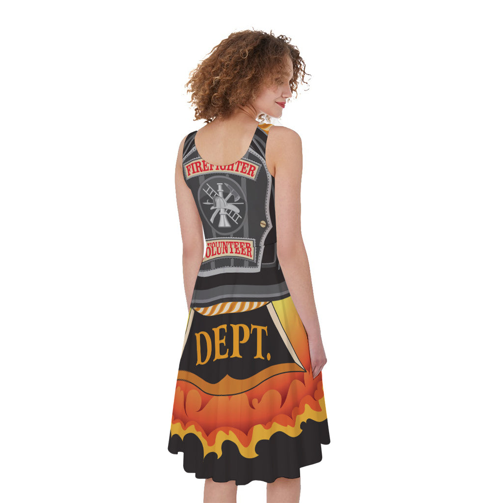 Flaming Firefighter Emblem Print Women's Sleeveless Dress