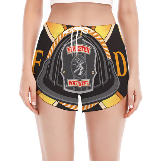 Flaming Firefighter Emblem Print Women's Split Running Shorts