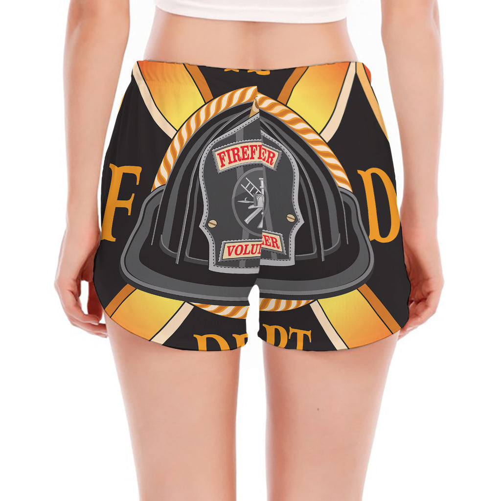Flaming Firefighter Emblem Print Women's Split Running Shorts