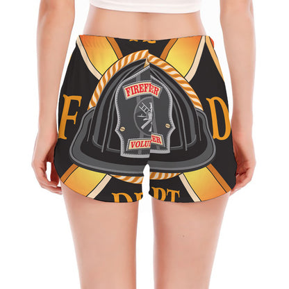 Flaming Firefighter Emblem Print Women's Split Running Shorts