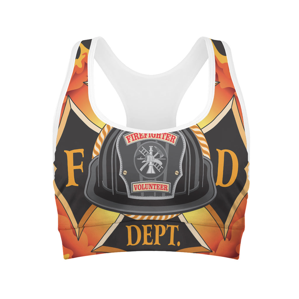 Flaming Firefighter Emblem Print Women's Sports Bra